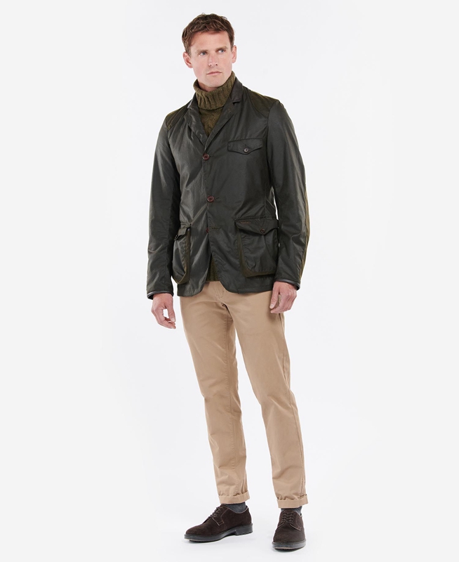 Men's Barbour Beacon Sports Waxed Jackets Olive | AQWN-71302