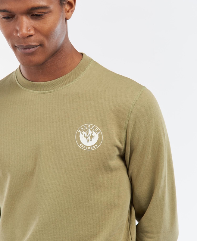 Men's Barbour Explorer Camper Crew Sweatshirts Olive | NPIY-81960