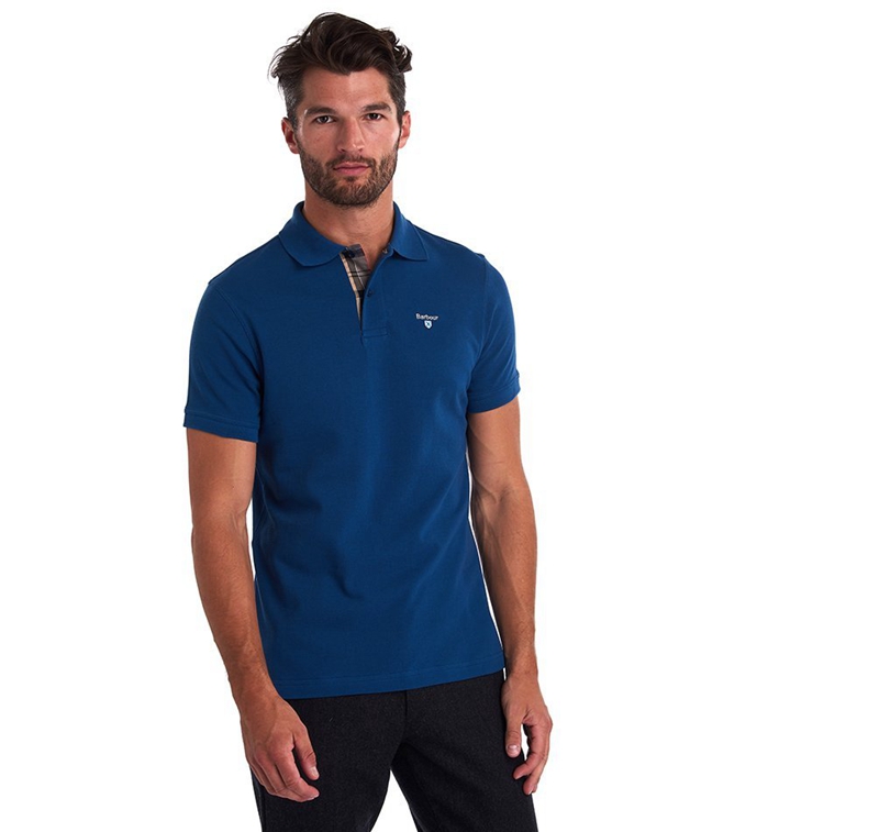 Men's Barbour Tartanshirt Pique Polo shirts Blue | NKOT-70248