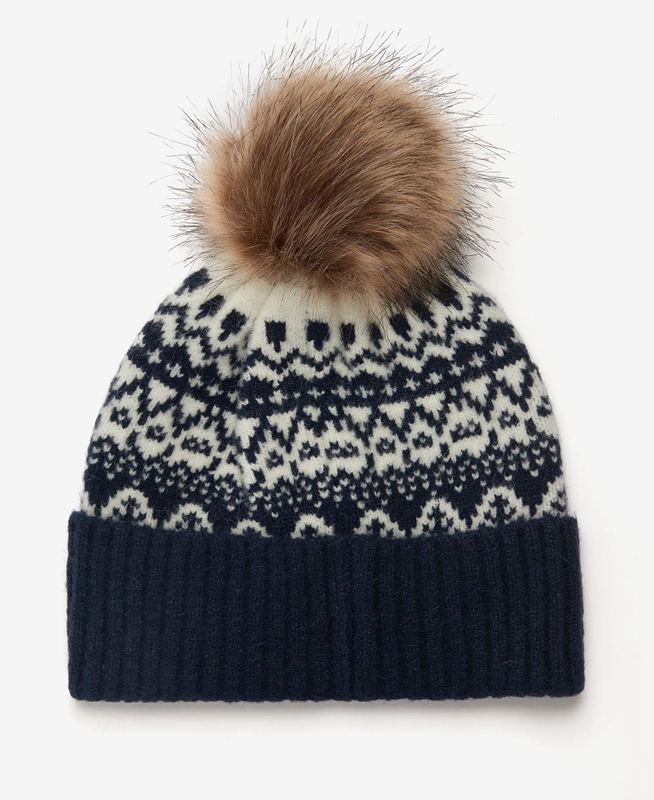 Women's Barbour Beanie Alpine Fair Isle Pom Hats Navy | UAWI-58413