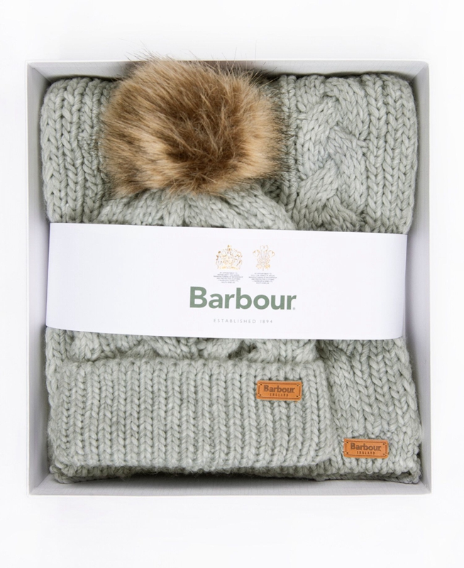 Women's Barbour Penshaw Beanie & Scarf Set Hats Grey | QAGC-73580