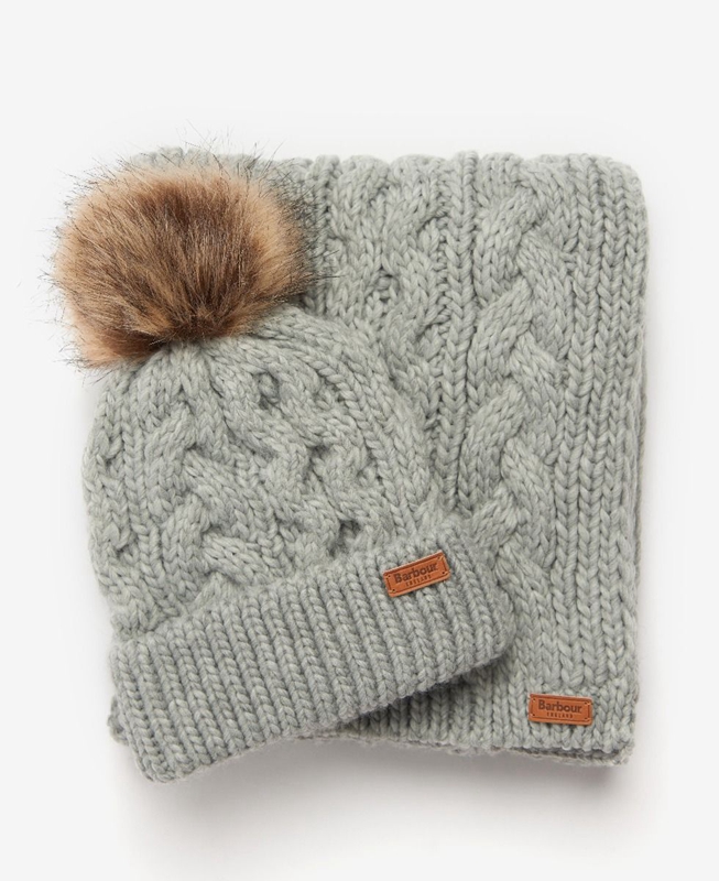 Women's Barbour Penshaw Beanie & Scarf Set Hats Grey | QAGC-73580