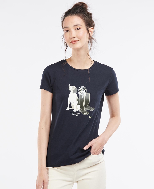 Women's Barbour Rowen T Shirts Navy | BIPC-23851